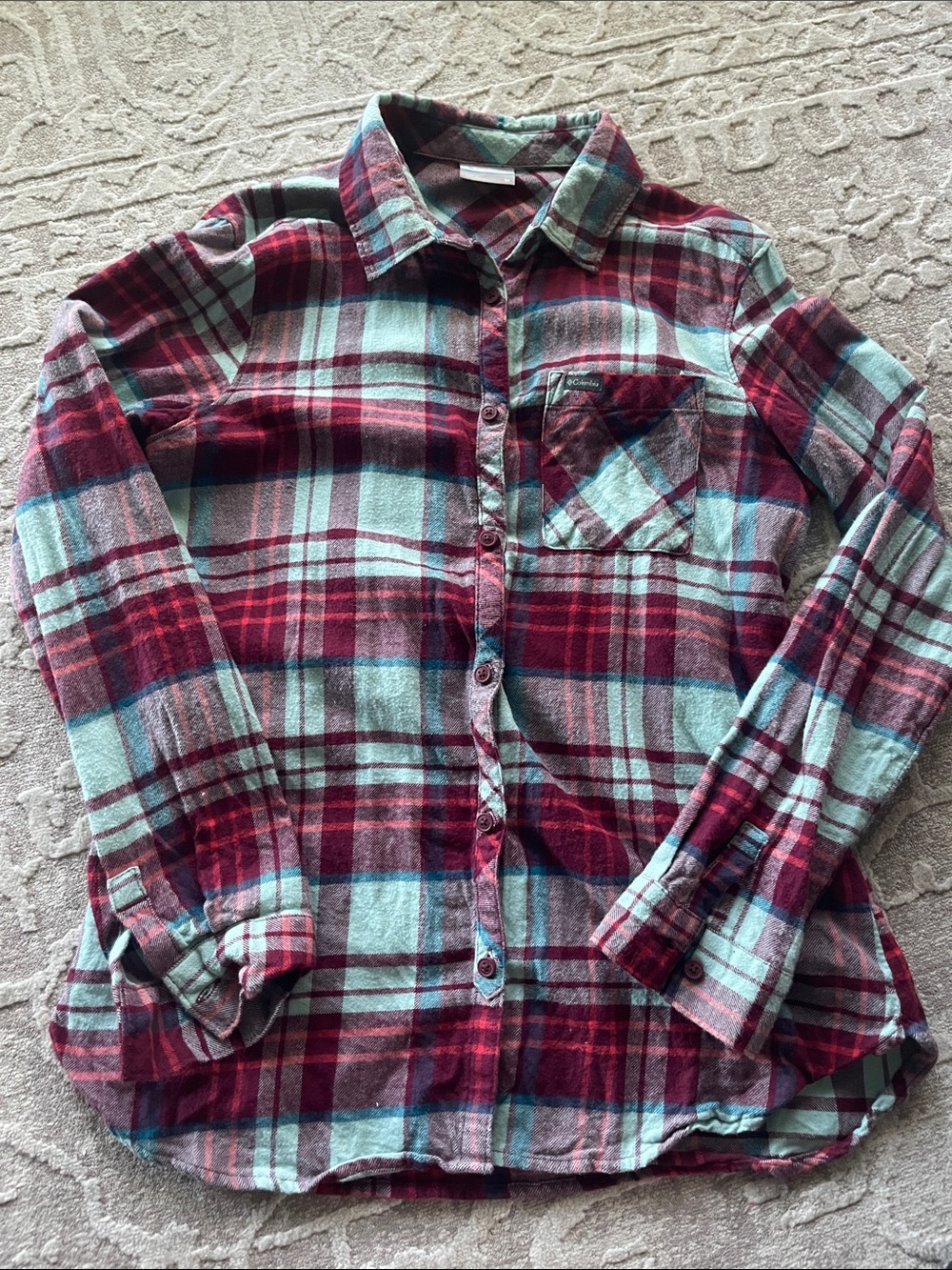 Columbia Women’s Plaid Button-Up Shirt in Burgundy and Light Blue